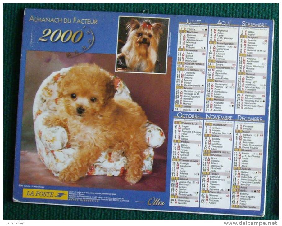 CALENDRIER ALMANACH DES P.T.T.  2000 CHIOTS CANICHE YORKSHIRE SPITZ NAIN ET GOLDEN RETRIEVER - Grand Format : 1991-00