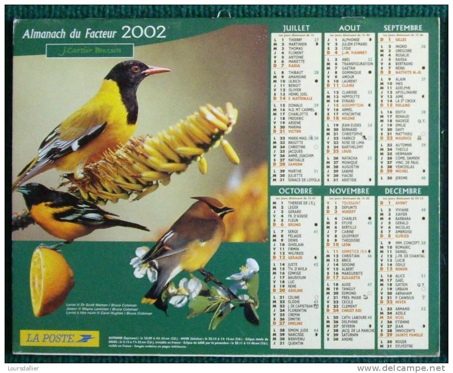 CALENDRIER ALMANACH DES P.T.T.  2002 OISEAUX SOUIMANGA A VENTRE JAUNE ET LORIOT - Big : 2001-...