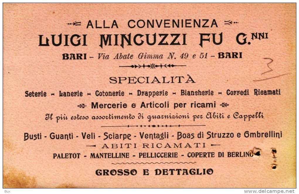 MIGUZZI TESSUTO BARI COMMERCIO   VIAGGIATA  COME DA FOTO FORMATO PICCOLO PICCOLI FORI DI ARCHIVIO - Mercanti