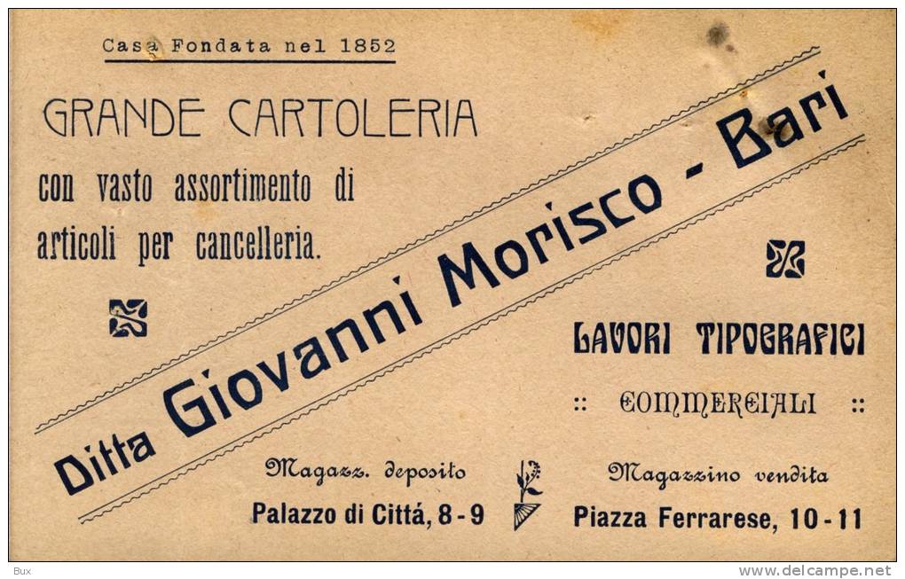 MORISCO  TIPOGRAFO    BARI COMMERCIO   VIAGGIATA  COME DA FOTO FORMATO PICCOLO PICCOLI FORI DI ARCHIVIO - Mercaderes