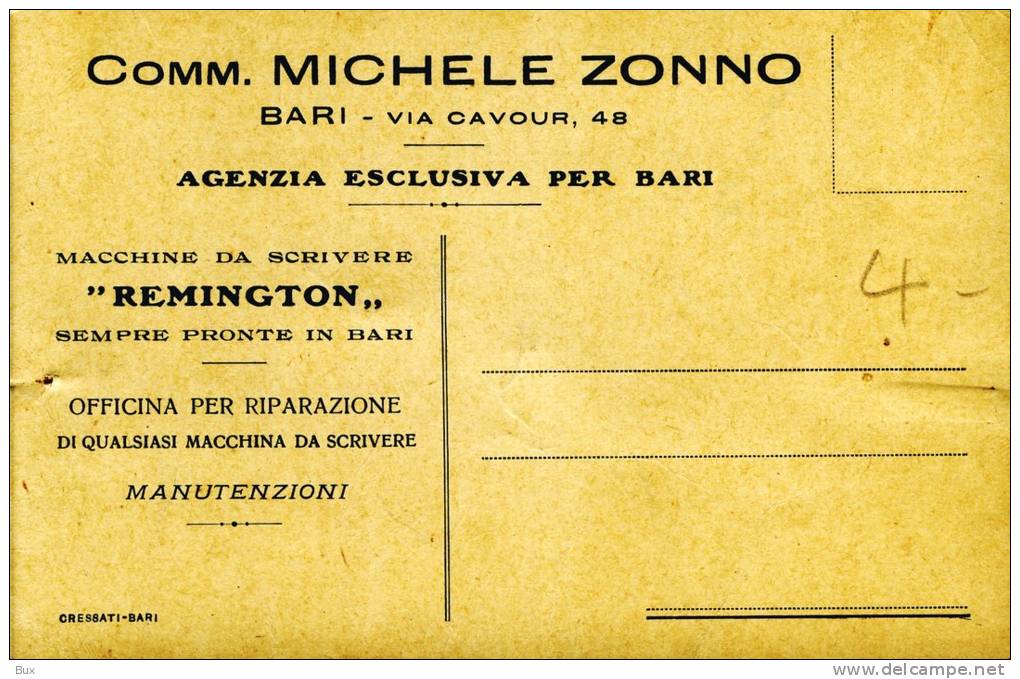 ZONNO MACCHINE DA SCRIVE REMINGTON     BARI COMMERCIO   VIAGGIATA  COME DA FOTO FORMATO PICCOLO PICCOLI FORI DI ARCHIVIO - Mercaderes