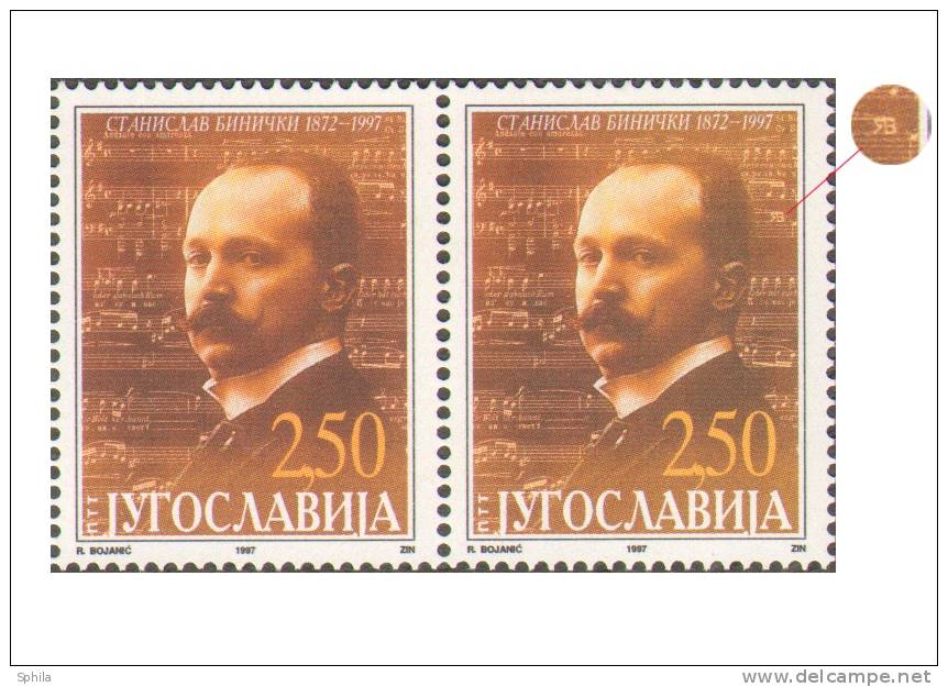 Jugoslawien – Yugoslavia 1997 Stanislav Binicki Sheet MNH; Artist’s Hidden Mark ("engraver") In The Position #17 - Neufs