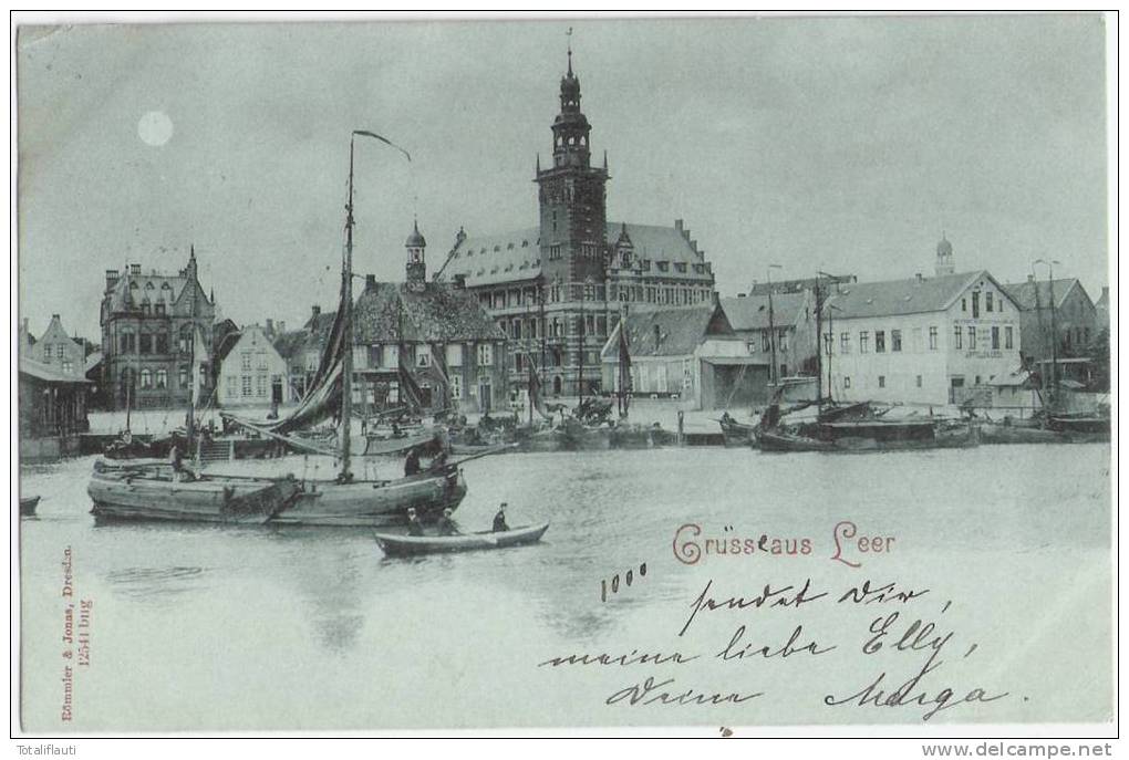 Gruss Aus Leer Mondscheinkarte Stadtansicht Vom Wasser Aus Segelschiff Ruderboot Belebt  1898 - Leer