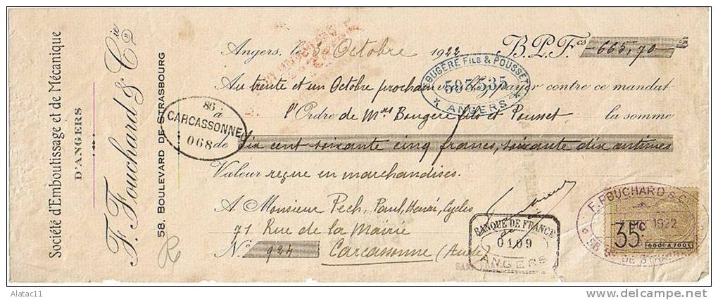 ANGERS   -   F.  FOUCHARD   &  CIE     EMBOUTISSAGE  ET  MECANIQUE 1922 - Lettres De Change