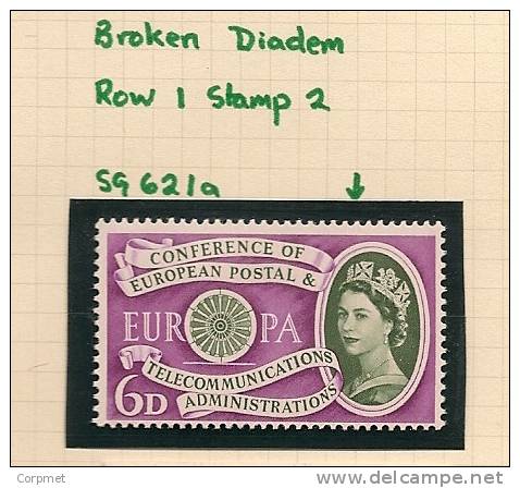 UK - Variety  SG 621a  Broken Diadem (Row 1 Stamp 2) - MLH -  Spec. Cat. Volume 3 - Page 217 - Errors, Freaks & Oddities (EFOs