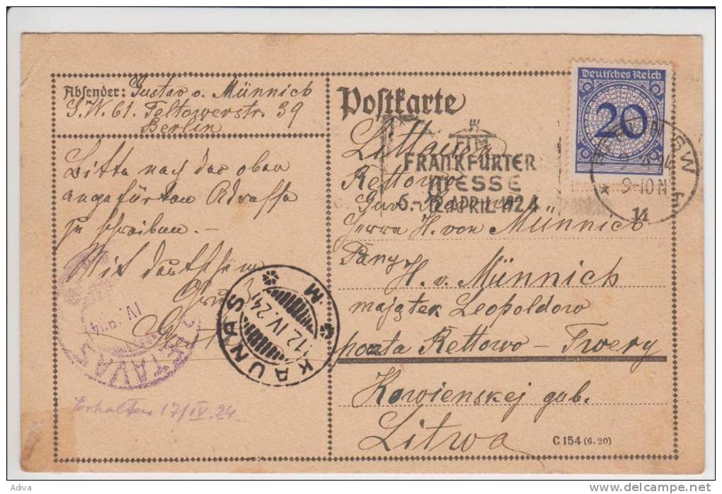 Postkarte Mit Frahkfeerter Messe 12.04.1924 So St Berlin-Kaunas-Rietavas (9.4.24-12.4.24 - Lituania