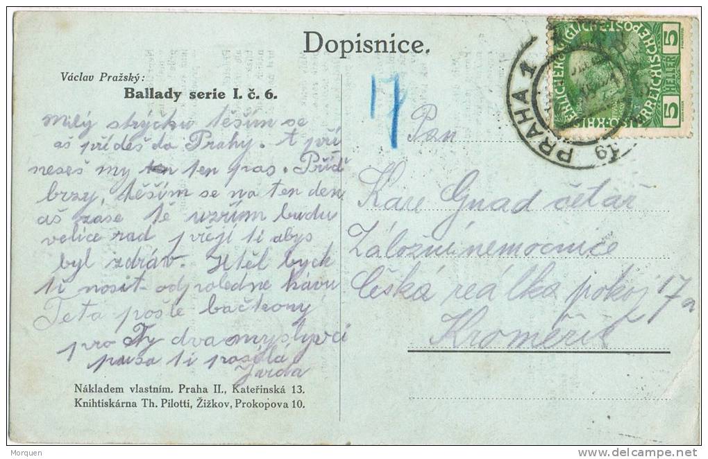 Postal PRAHA (Imperio Astro Hungaro) 1915. TAXE. Letra De Poema - Cartas & Documentos