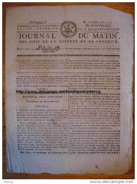 JOURNAL DU MATIN DU 6 OCTOBRE 1796 - CLERMONT FERRAND ACQUISITION BATIMENTS ET TERRAINS - MAISON DES FILLES DU CALVAIRE - Journaux Anciens - Avant 1800