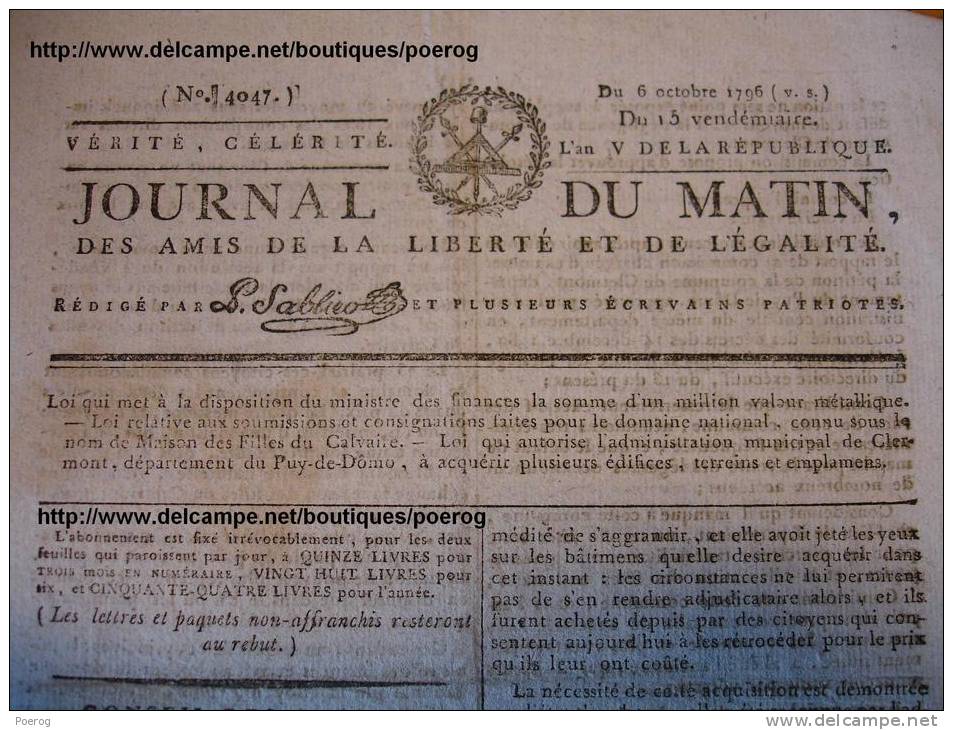 JOURNAL DU MATIN DU 6 OCTOBRE 1796 - CLERMONT FERRAND ACQUISITION BATIMENTS ET TERRAINS - MAISON DES FILLES DU CALVAIRE - Kranten Voor 1800