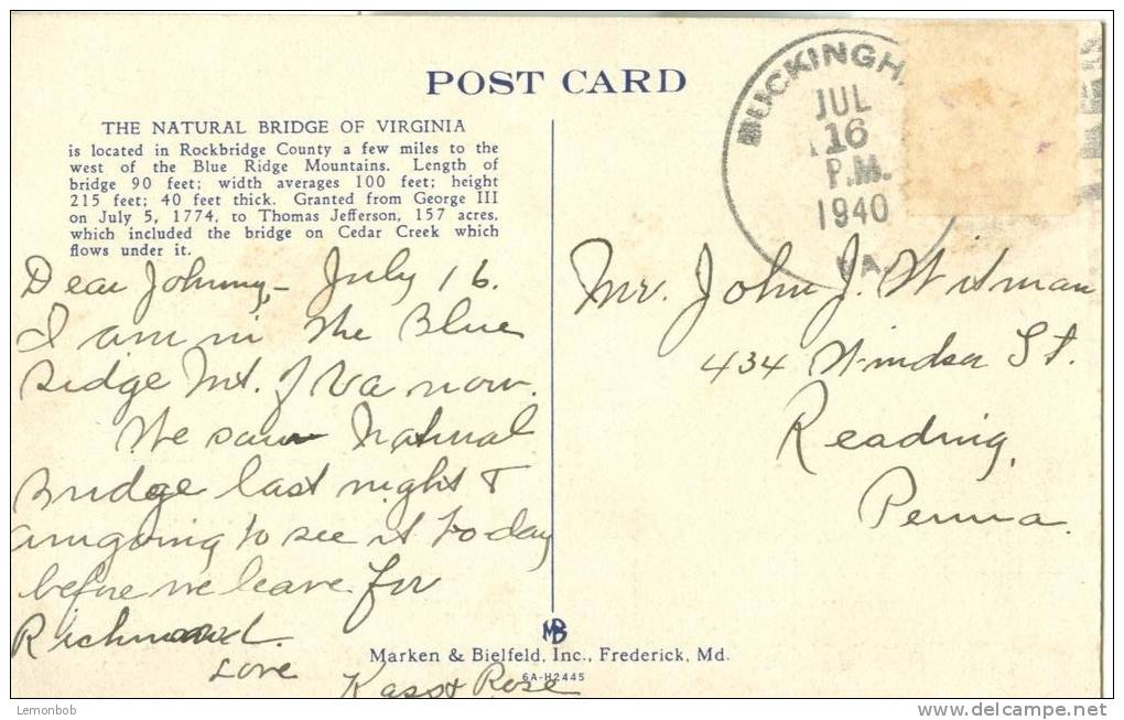 USA – United States –  In Old Virginia, The Natural Bridge Of Virginia, 1940 Used Linen Postcard [P5679] - Other & Unclassified