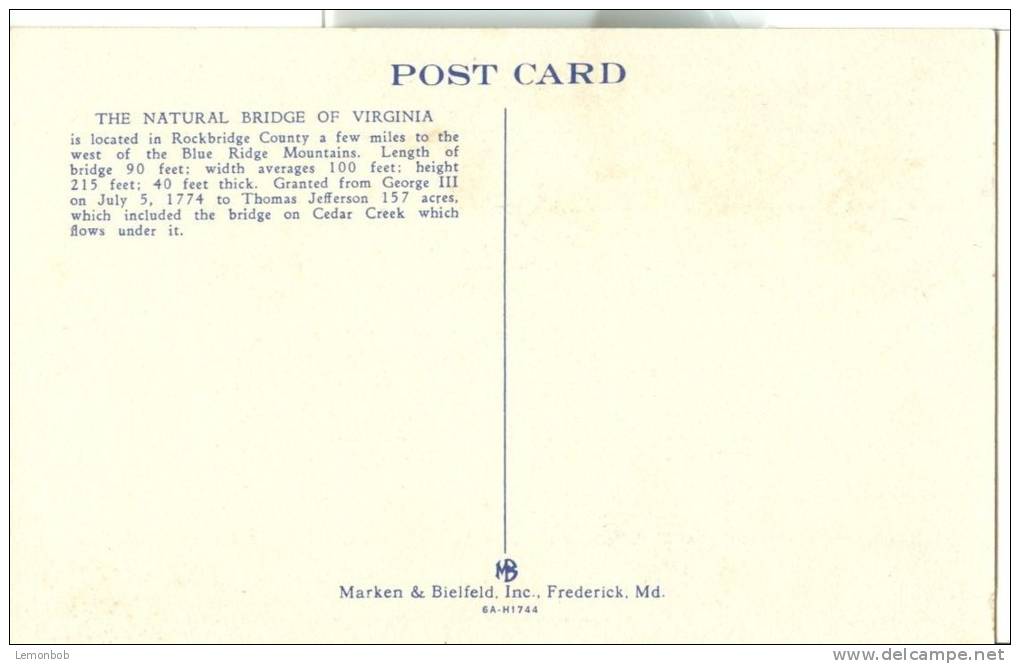 USA – United States – The Natural Bridge, Virginia, Unused Linen Postcard [P5680] - Other & Unclassified