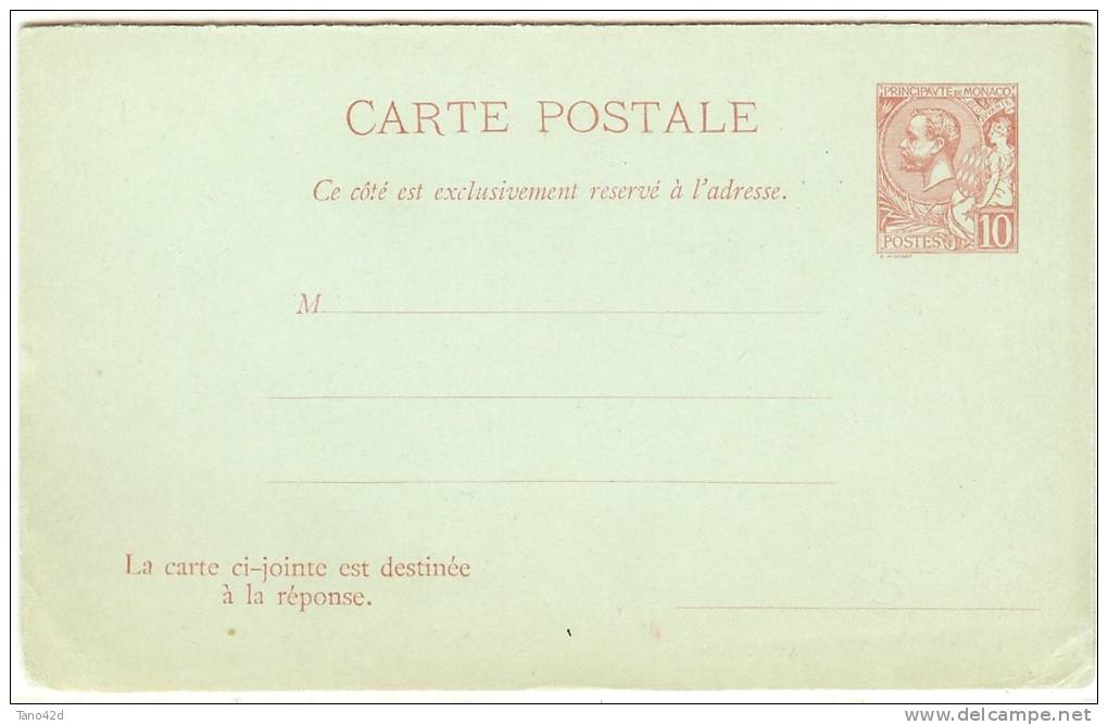 REF LSAU4 - ENTIER POSTAL DE MONACO - PRINCE ALBERT I° - C. POST. AVEC REPONSE PAYEE 10c ROSE CARMIN  CARTON VERT NEUVE - Entiers Postaux