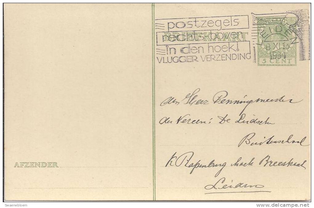 Briefkaart Met Zegelopdruk Nederland 5 Cent. - Leidsche Buitenschool - Met Poststempel Leiden 1934. 2 Scans - Postal Stationery