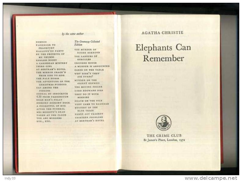 - AGATHA CHRISTIE . ELEPHANTS CAN REMENBER . THE CRIME CLUB . LONDON 1972 - Polars