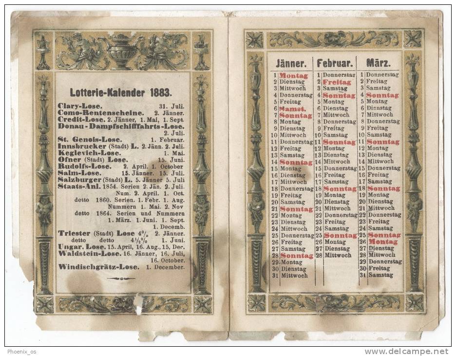 CALENDARS - Lotterie Kalender, Hotel FORTUNA, Litho, 1883. Complete - Klein Formaat: ...-1900