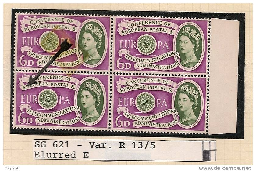 UK - Variety  SG 621b - Blurred E (Row 13 Stamp 5) - MNH Block Of 4 With Normal -  Spec. Cat. Volume 3 - Page 217 - Variedades, Errores & Curiosidades