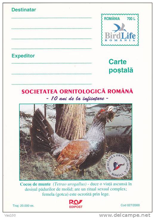 Postal Stationery Card ,"Tetrao Urogallus", Cock, Rooster , Grouse  2000 Unused Romania. - Gallinacées & Faisans