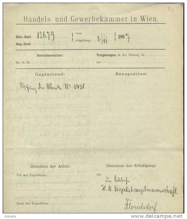 WIEN XXI - Strebersdorf, Floridsdorf, Handschriftliches Dokument Der Handels U. Gewerbekammer Datiert 1897, Mehrere ... - Historische Dokumente