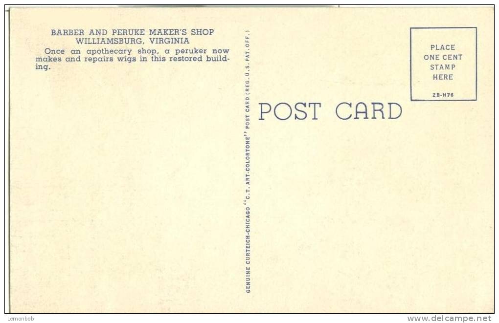 USA – United States – The Barber And Peruke Maker's Shop, Williamsburg, Virginia, Unused Linen Postcard [P5704] - Other & Unclassified