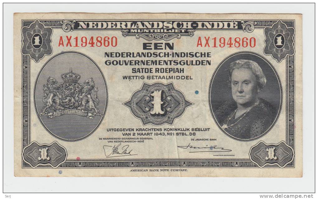 NETHERLANDS INDIES 1 GULDEN 1943 VF+ CRISP Banknote P 111 - Nederlands-Indië