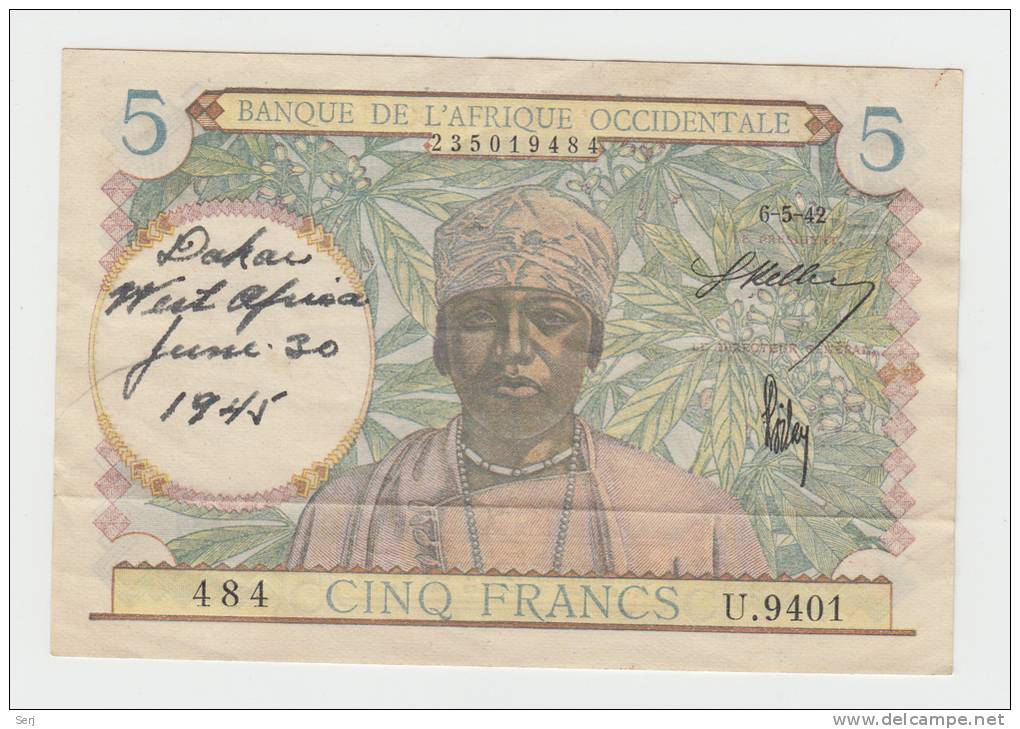 French West Africa 5 Francs 1942 VF++ CRISP Banknote P 25 - Autres - Afrique