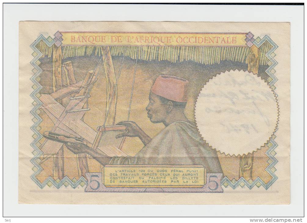 French West Africa 5 Francs 1942 VF++ CRISP Banknote P 25 - Other - Africa