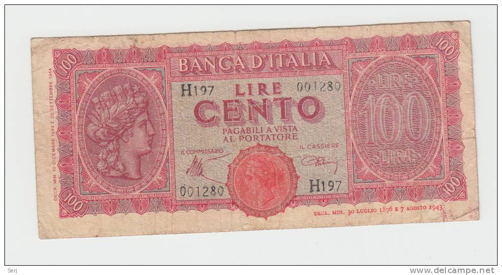 Italy 100 Lire 1944 VG+ P 75a 75 A - 100 Lire