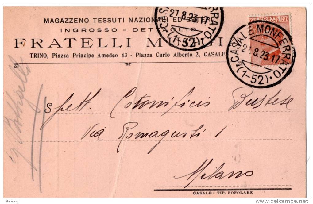 MOLTO RARA-CARTOLINA POSTALE PUBBLICITARIA-MAGAZZENO TESSUTI NAZIONALI-FRATELLI MUGGIA-TRINO-CASALE MONFERRATO-27-8-1923 - Storia Postale