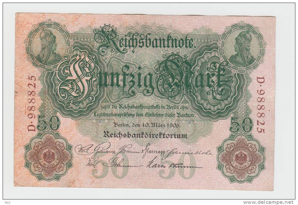 Germany 50 Mark 10-3- 1906 VF+ P 26a 26 A RARE Banknote - 50 Mark