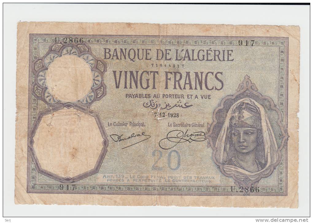 Algeria 20 Francs 1928 VG Banknote P 78b 78 B - Algeria