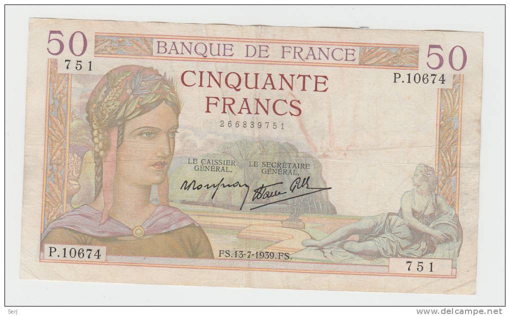 France 50 Francs 1938 VF++ CRISP Banknote P 85b 85 B - 50 F 1934-1940 ''Cérès''