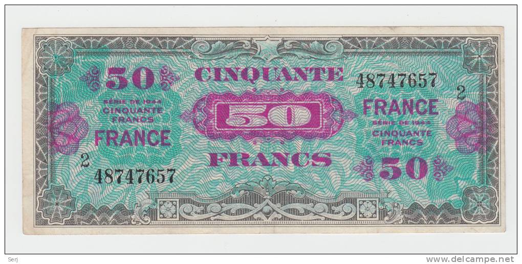 France 50 Francs 1944 VF++ Crispy Banknote P 122b 122 B (Block 2) - 1945 Verso Francés