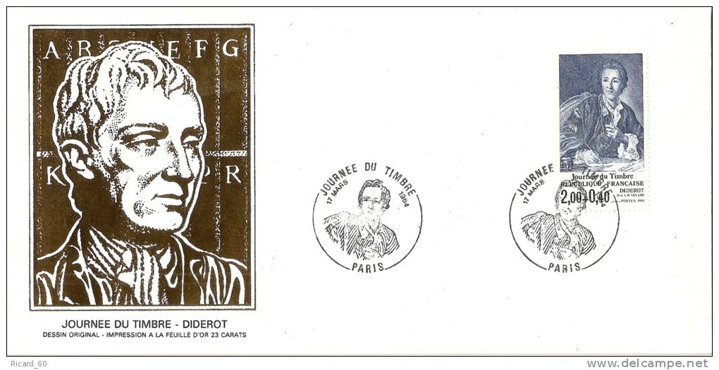 Grande Env Fdc France+feuille D'or, 17/3/84 Paris, N°2304, Journée Du Timbre, Denis Diderot, Philosophe, Encyclopédie - 1980-1989