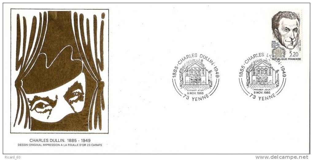 Grande Env Fdc France+feuille D´or, 9/11/85 Yenne, N°2390,charles Dullin, Théâtre - 1980-1989