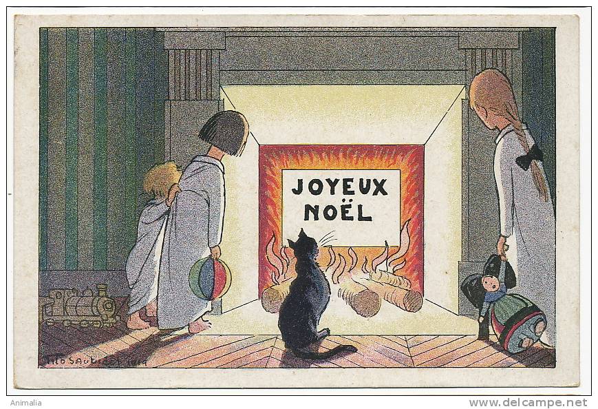 Tito Saubidet 1919 Joyeux Noel Art Deco Chat Noir Poupée Alsacienne Serie 3& No 394 Gallais - Autres & Non Classés