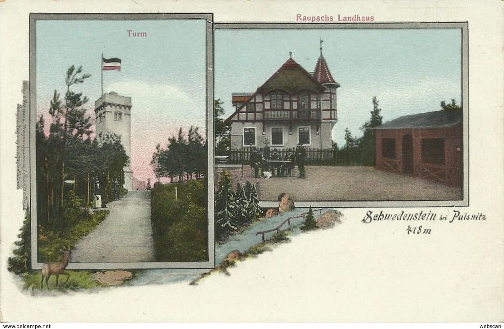 AK Pulsnitz Schwedenstein Turm & Raupachs Landhaus Color~1910 #01 - Pulsnitz