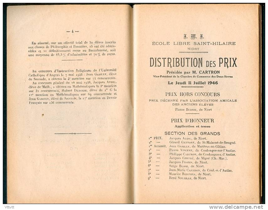 NIORT : Ecole Libre Saint-Hilaire, Distribution Des Prix (Jeudi 11 Juillet 1946), 78 Pages - Diploma & School Reports