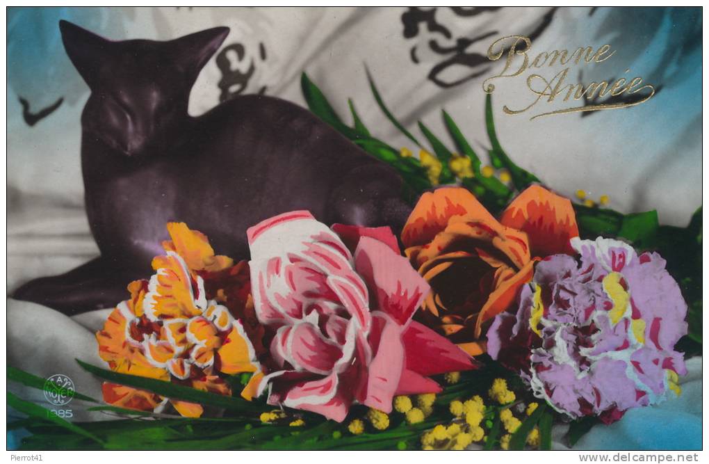 Jolie Carte Fantaisie Chat Et Fleurs De "Bonne Année" - Katzen