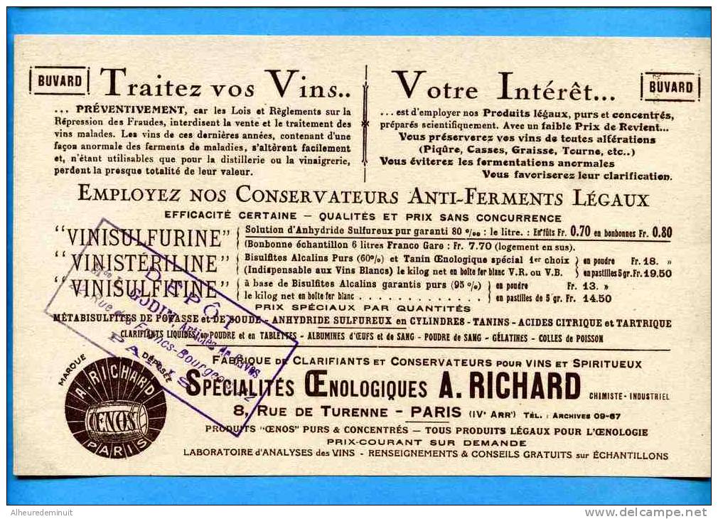 Buvard"Traitez Vos Vins"conservateurs Anti-ferments Légaux"vinisulfurine"oenologie"A.RICHARD"chimiste"bisulfites"oenos - Agriculture