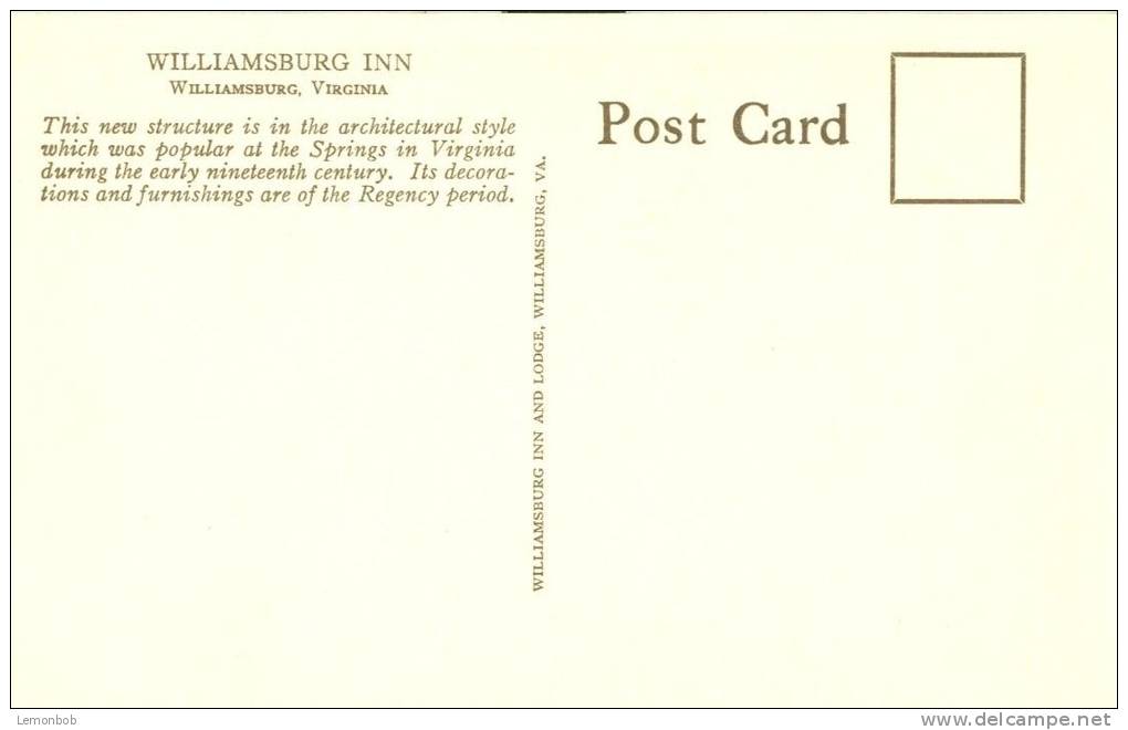 USA – United States – Williamsburg Inn, Virginia, Old Unused Postcard [P5754] - Altri & Non Classificati