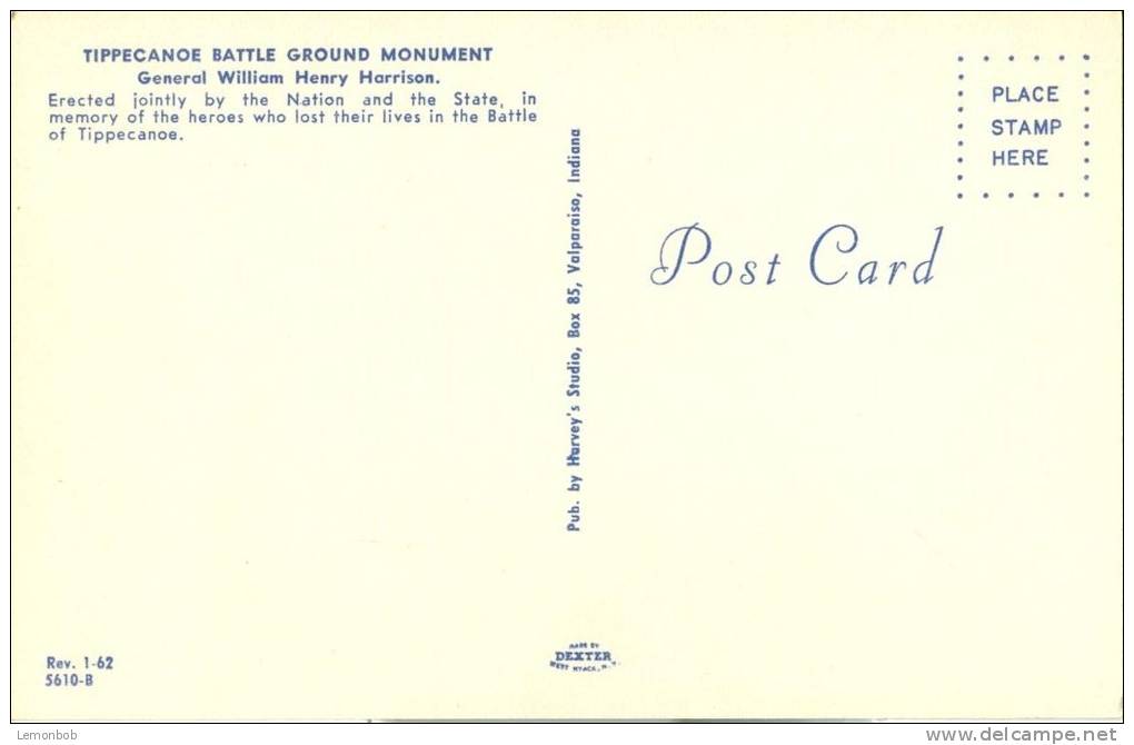 USA – United States – Tippecanoe Battle Ground Monument, Unused Postcard [P5755] - Lafayette