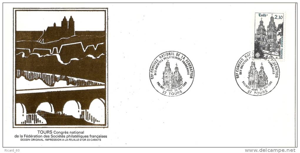 Grande Env Fdc France+feuille D´or,25/5/85 Tours, N°2370, Congrès National De La Fédération Des Sociétés Philatéliques - 1980-1989