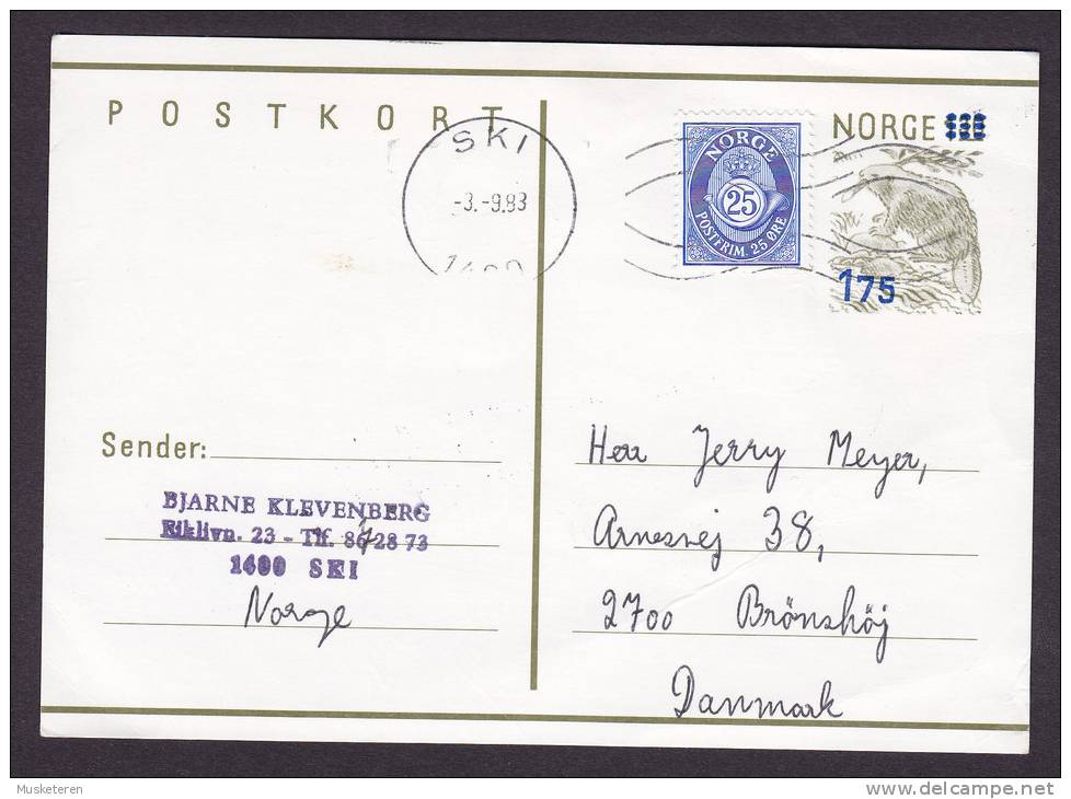 Norway Uprated Postal Stationery Ganzsache Entier 1.75 Kr On 1.30 Kr Overprinted Beaver Deluxe SKI 1983 BRØNSHØJ Denmark - Entiers Postaux