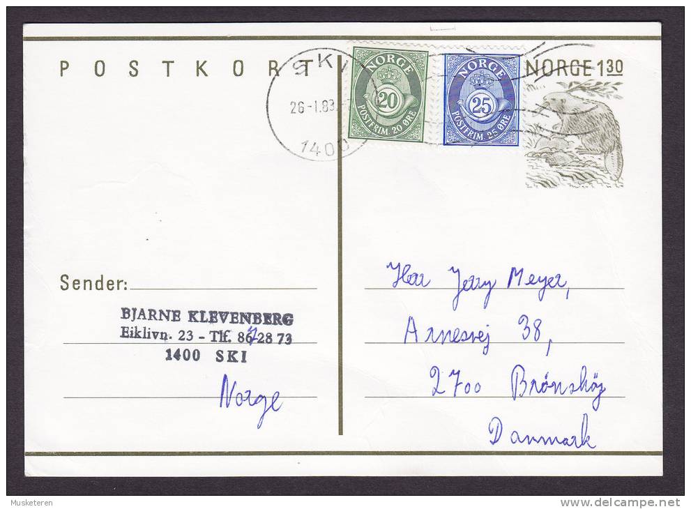 Norway Uprated Postal Stationery Ganzsache Entier 1.30 Kr Beaver Deluxe SKI 1983 To BRØNSHØJ Denmark - Postal Stationery