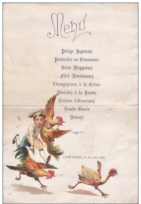 1 MENU ILLUSTRE CAFE MOREL LE 11 AVRIL 1896 FORMAT 12.5 X 18 CMS VENDU EN L ETAT - Menu