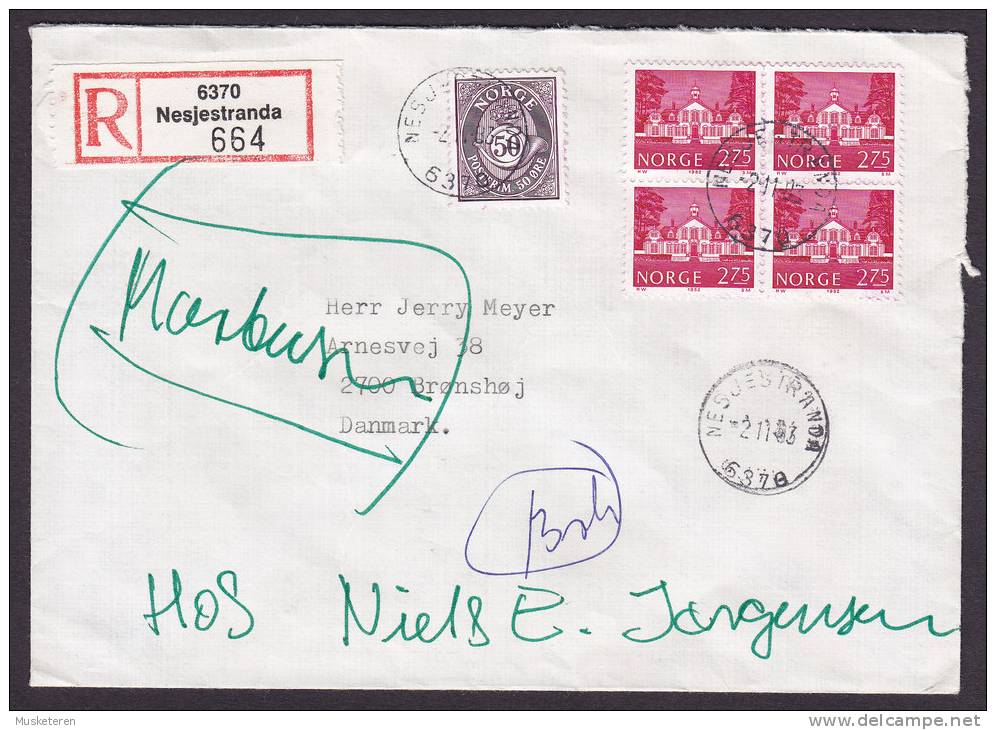 Norway Registered Recommandée Einschreiben Label Deluxe NESJESTRANDA 1983 Cover To BRØNSHØJ Denmark 4-Block Returned !! - Briefe U. Dokumente