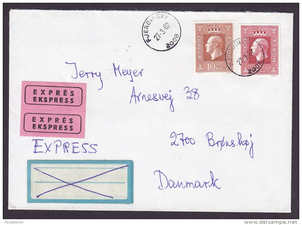 Norway EXPRÉS EKSPRESS Labels Deluxe FJERDINGBY 1982 Cover To BRØNSHØJ Denmark (2 Scans) - Lettres & Documents