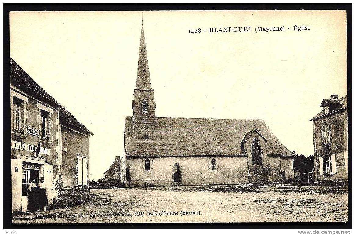 CPA  ANCIENNE- FRANCE- BLANDOUET (53)- (151 H.)- L'EGLISE EN GROS PLAN DE PROFIL- LA PLACE- ANIMATION- CAFÉ- TABAC - Other & Unclassified