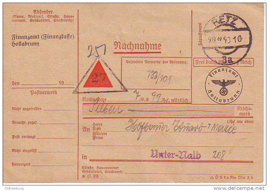 059i: Ostmark- Beleg Retz/ Burgenland 20.5.1940, Finanzamts- Nachnahmebeleg - Cartas & Documentos