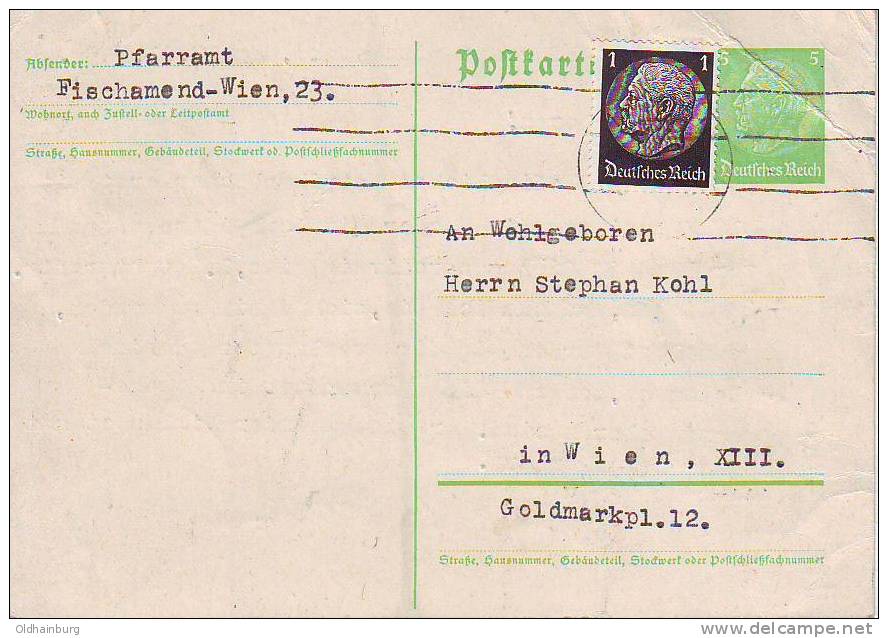 059j: Ostmark- Beleg Pfarramt Fischamend 17.11.1938, Postkarte Geknickt - Storia Postale